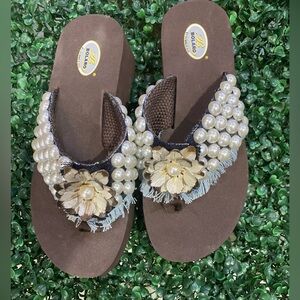Bolaro Pearl & Denim Flower Wedge Flip Flops Size 6 — Jeweled Platform Sandals